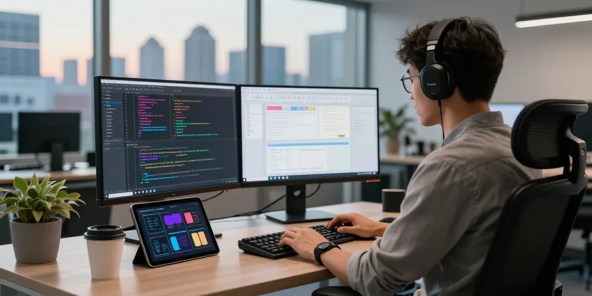 Développeur utilisant le lien lavowin dans un bureau moderne avec des écrans affichant du code et des outils de gestion de projet.