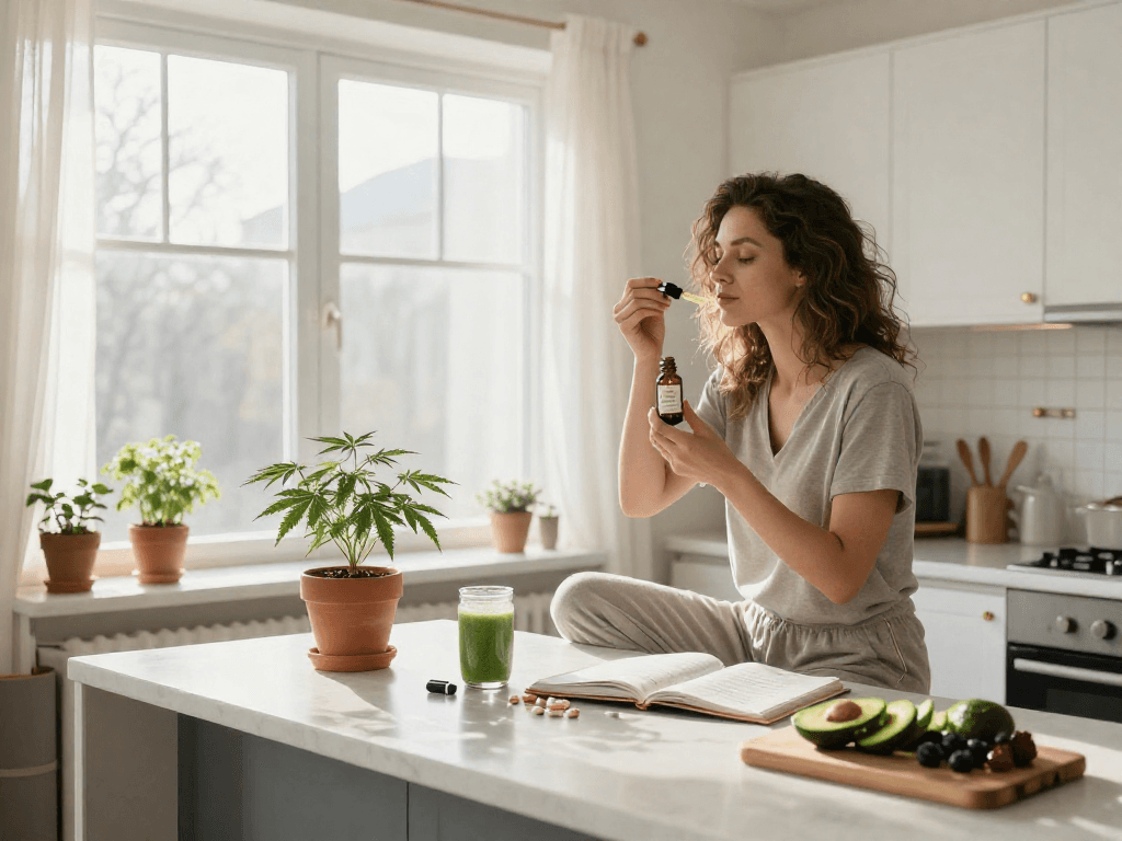 Le meilleur site de pari sportif avec huile CBD et plantes dans une cuisine lumineuse, ambiance naturelle et bien-être.