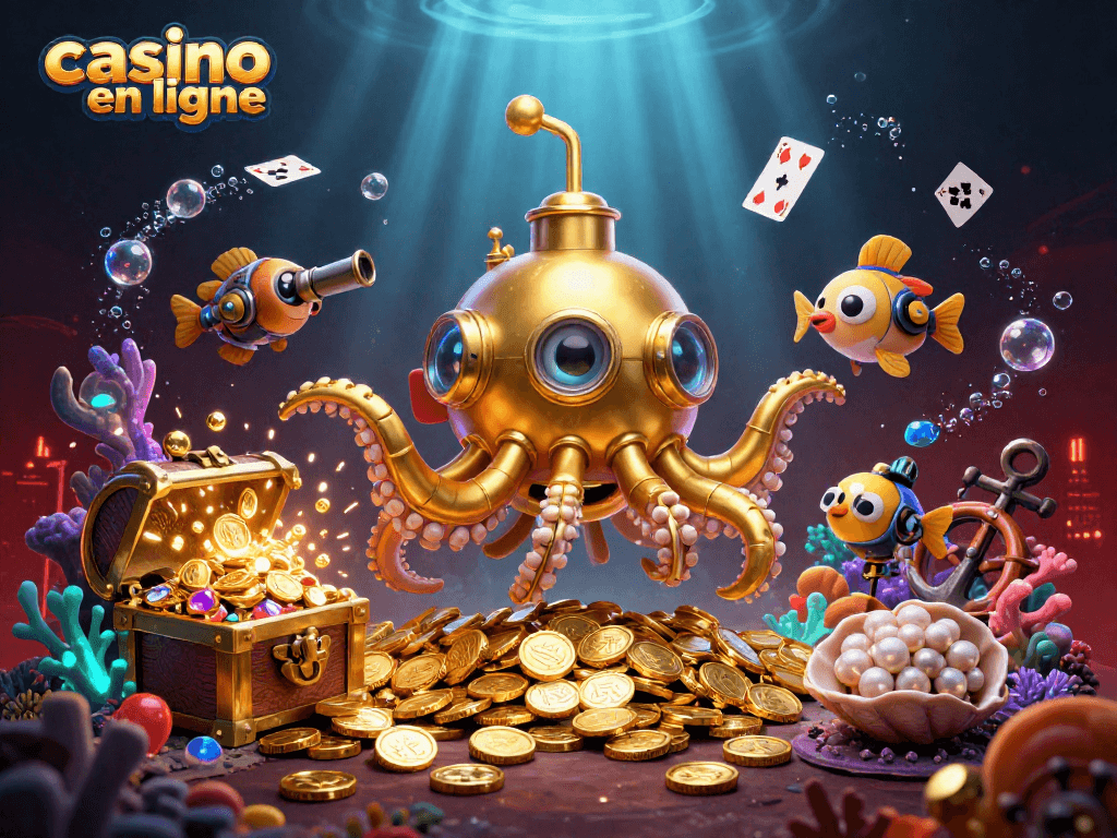 Jouer dans un casino en ligne légendaire, où un kraken doré émerge de pièces d'or et de trésors.