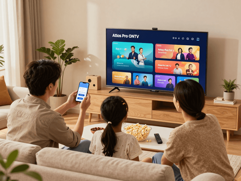 Installer Atlas Pro sur Samsung TV dans un salon familial chaleureux. Profitez de vos chaînes préférées !