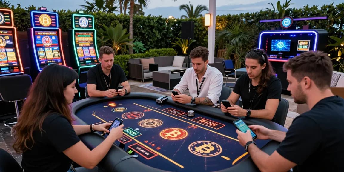 Expérience de casino crypto retrait instantané dans une ambiance festive, joueurs engagés avec leurs portefeuilles numériques.