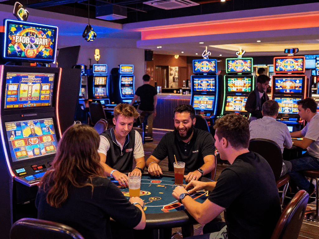 Des joueurs au casino en ligne, captivés par l'excitation du jeu avec des lumières vives.