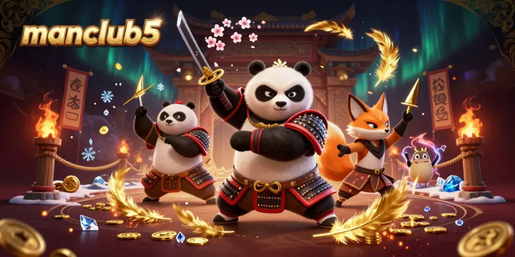 Manclub5 showcases a dynamic scene with samurai panda, ninja fox, and spirit tanuki in an engaging casino atmosphere.