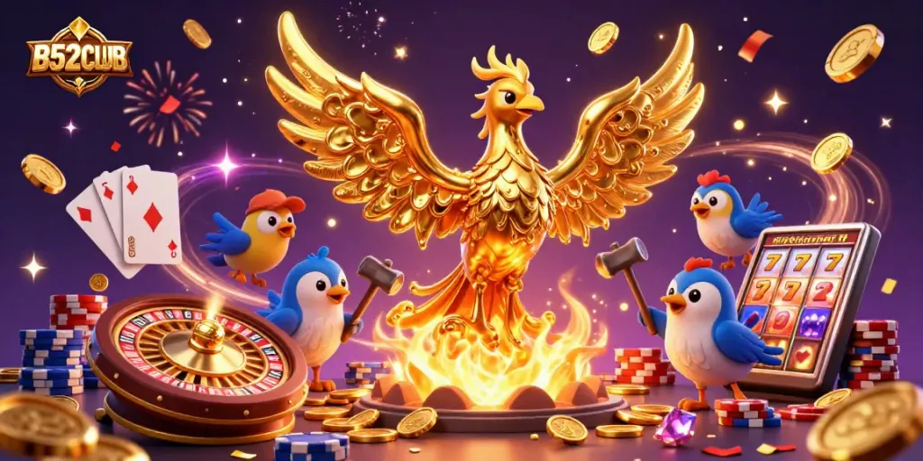 B52CLUB features a golden phoenix soaring with coins, capturing the excitement of online gambling.