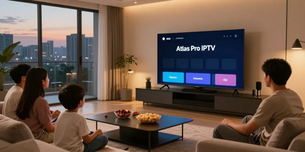 Une famille profitant des films avec atlas pro iptv sur un grand écran dans un salon moderne.