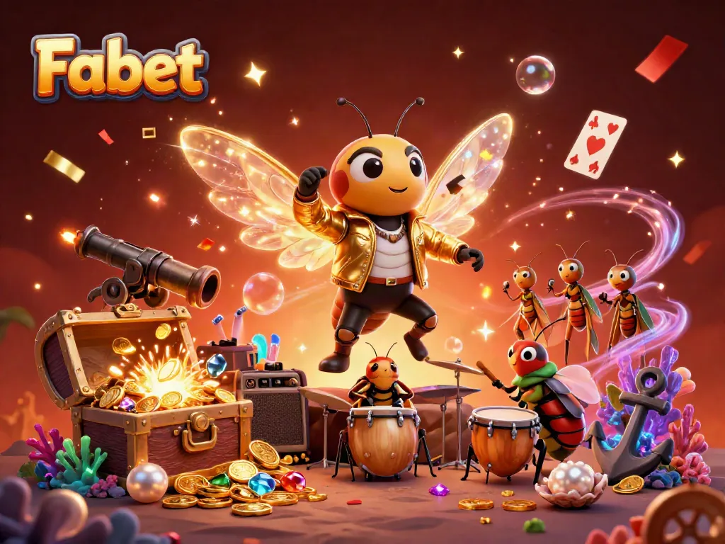 Experience thrilling gameplay with Fabet in this vibrant 3D casino scene showcasing a rock star cicada and lively gameplay elements.