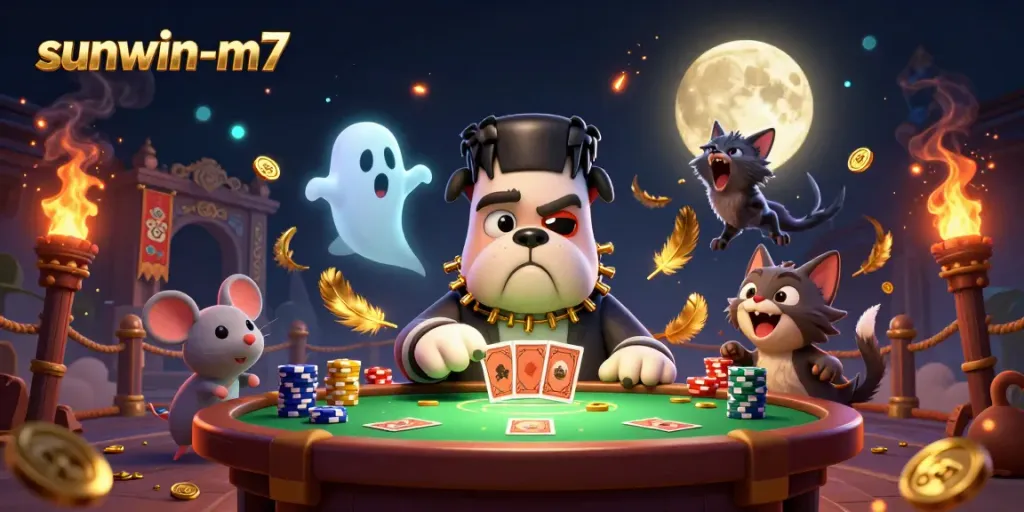 Engage in the vibrant theatrics of sunwin-m7 with a Frankenstein bulldog dealing cards at a haunted casino table