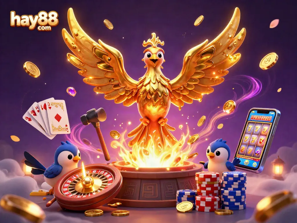 Experience thrills at hay88 com with a dynamic scene featuring a golden phoenix and casino elements.