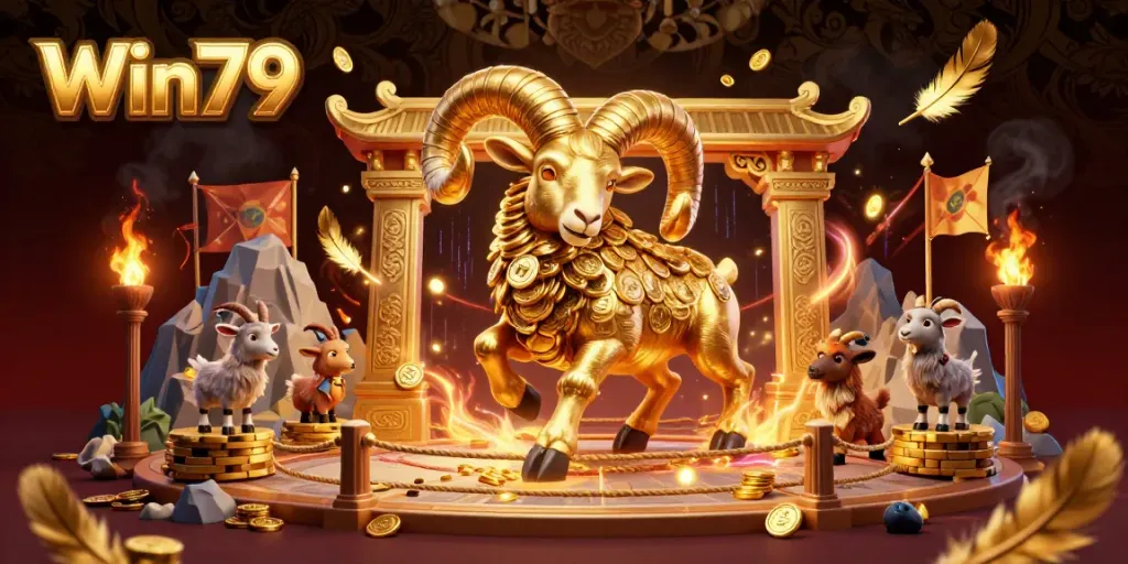 Win79 features a dynamic golden ram charging through a lively casino scene rich with gold and gambling action.