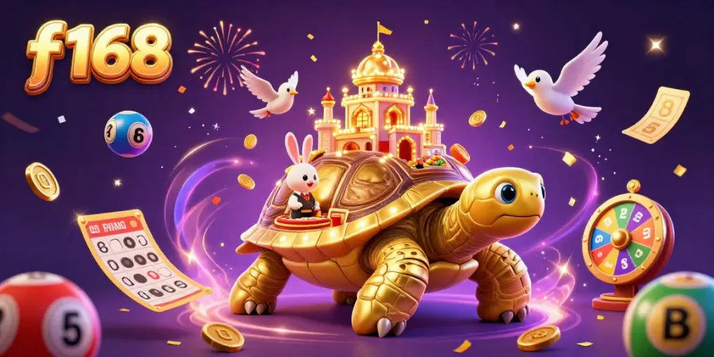 Experience the excitement of f 168 with golden tortoise and dealer surrounded by vibrant games.