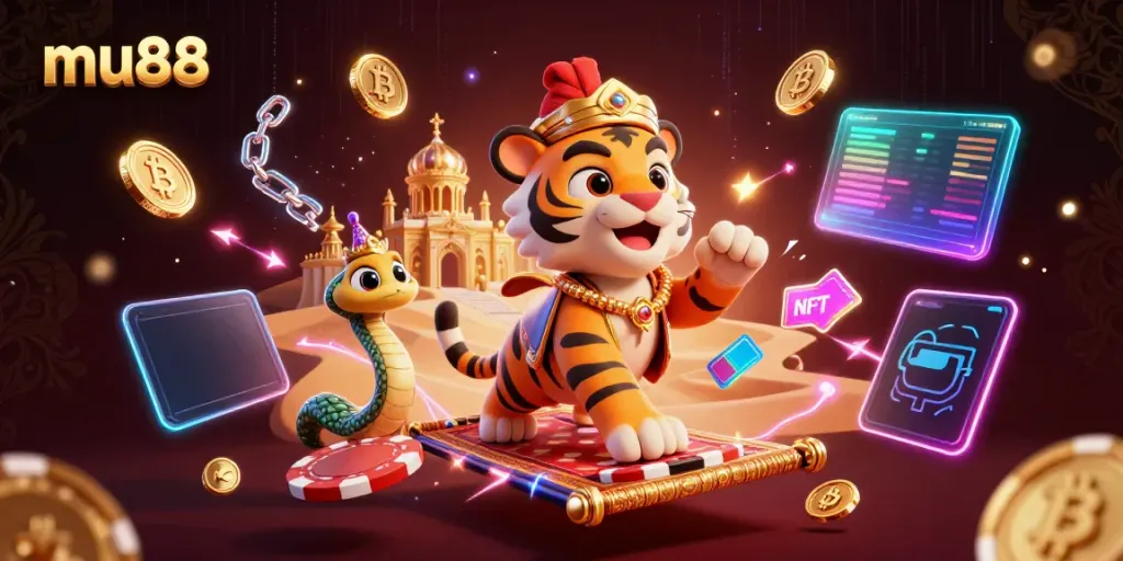 Experience thrilling gameplay at mu88 with a vibrant scene depicting a tiger sultan amidst neon casino elements.