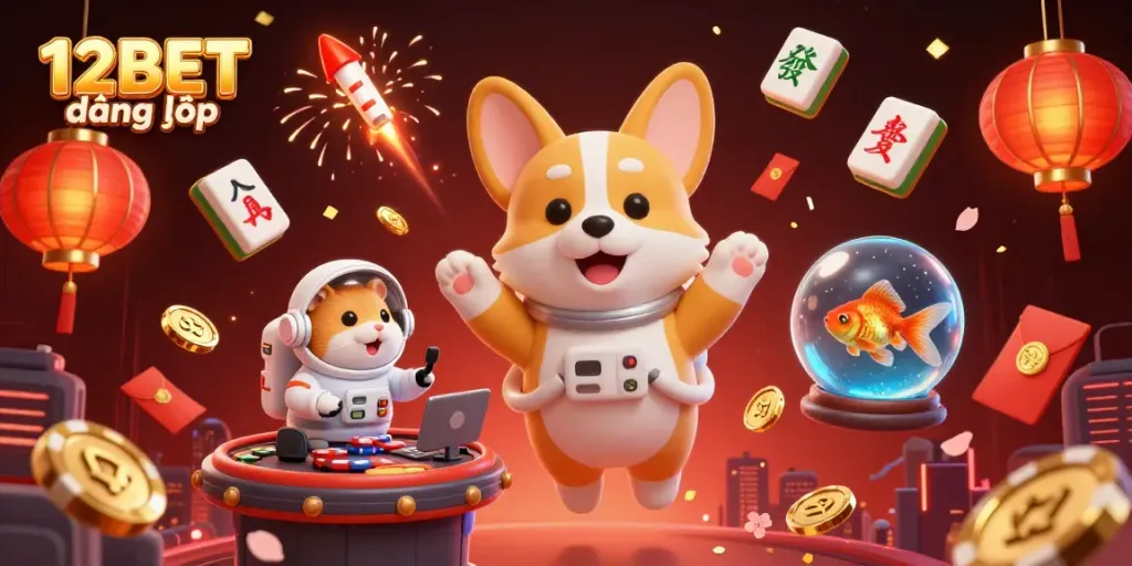 Experience 12BET đăng nhập in a vibrant space casino, where a floating corgi and hamster add excitement to your gameplay.