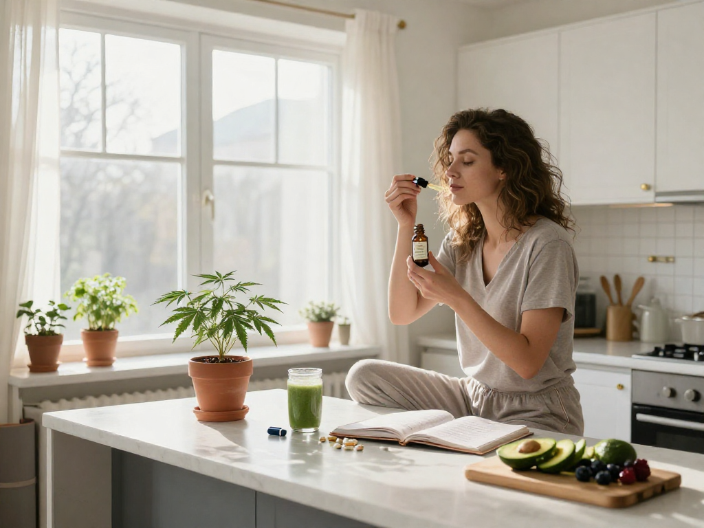 Le meilleur site de pari sportif avec huile CBD et plantes dans une cuisine lumineuse, ambiance naturelle et bien-être.