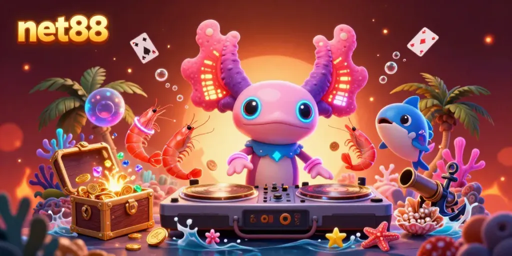 Experience net88 underwater thrills with a vibrant 3D scene featuring a neon DJ, treasure, and lively sea creatures.