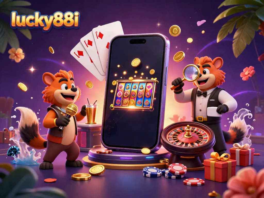 Engage with excitement at lucky88i's lively comedic casino club illustration featuring hyenas and vibrant gaming elements.