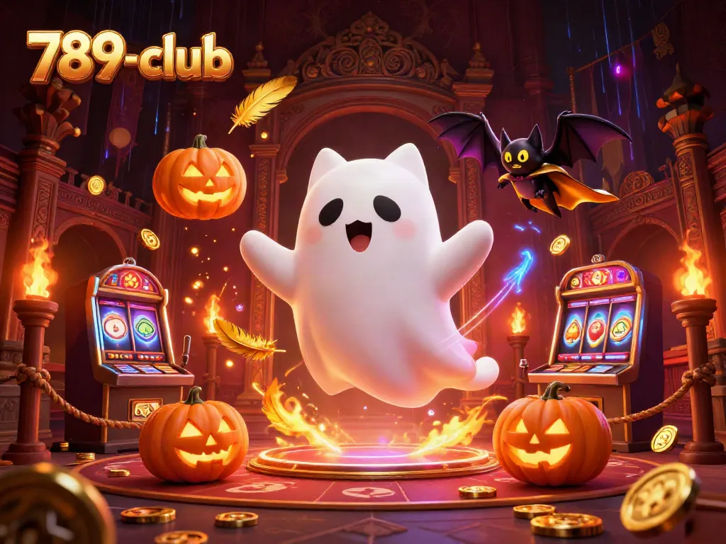 Engage in gaming magic with 789-club's vibrant scene featuring ghostly characters and casino elements.