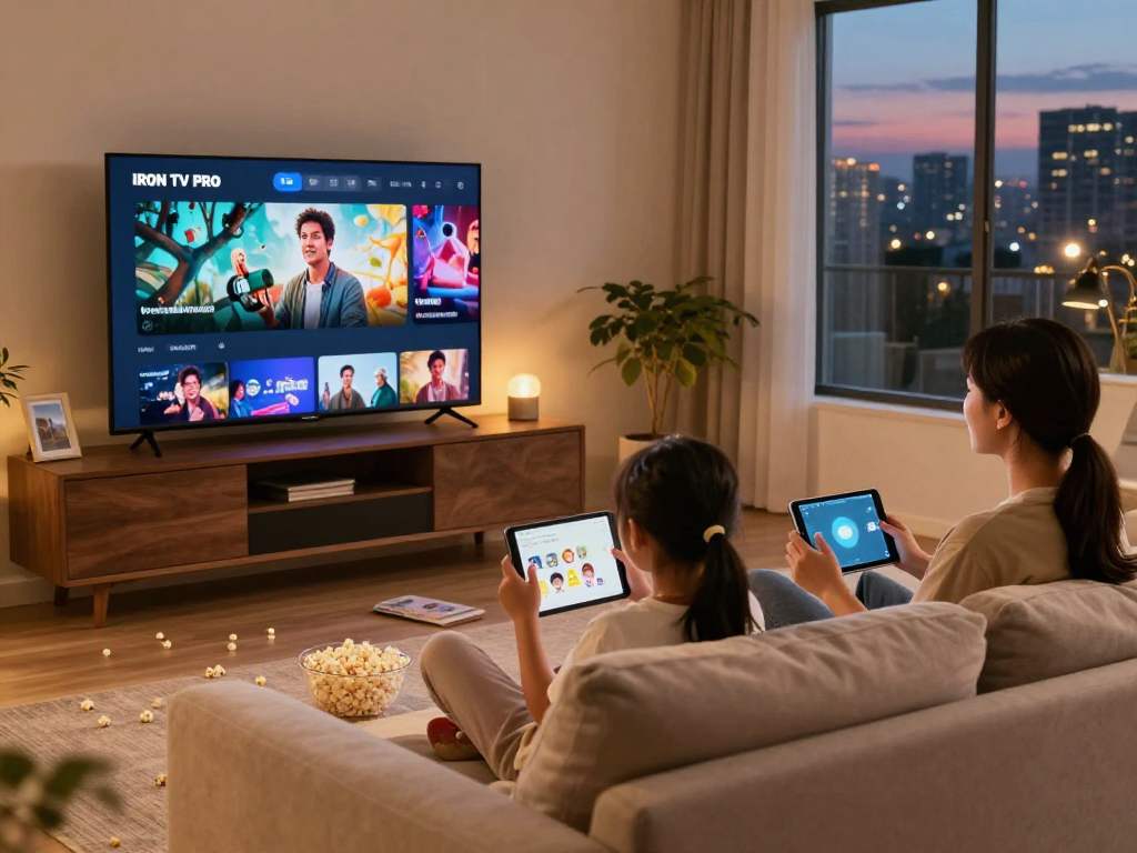 Profitez d'Iron tv dans un salon confortable avec famille regardant un film sur Smart TV.