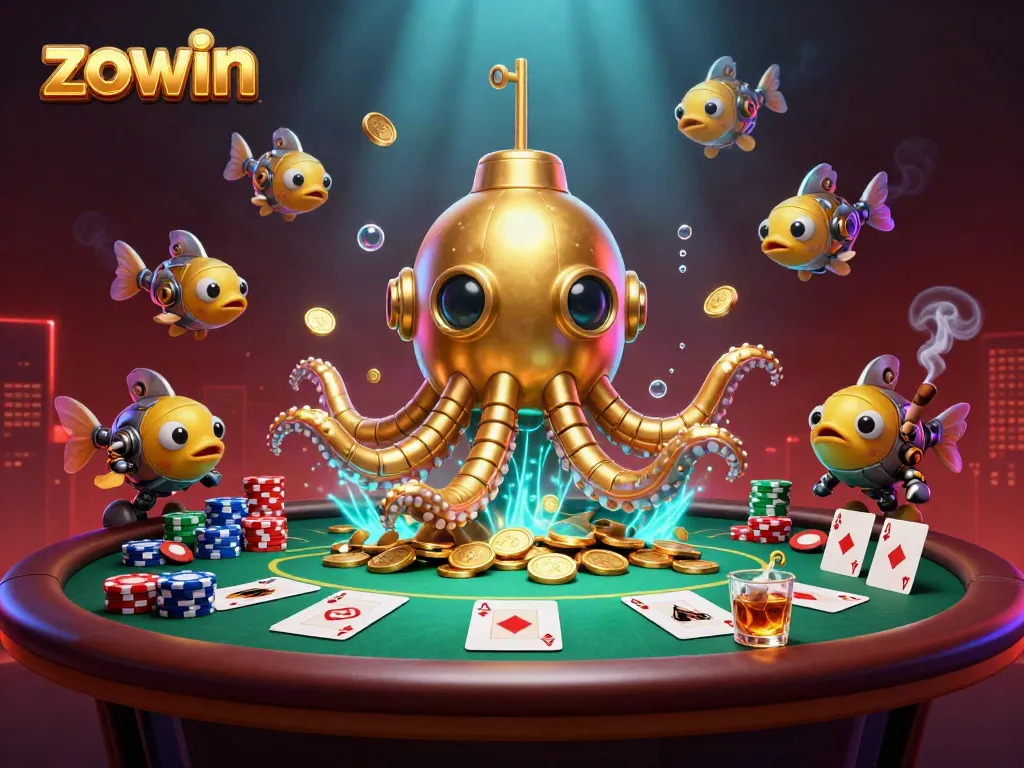 Engage in the thrilling world of Zowin with a golden kraken submarine amidst poker cards and chips