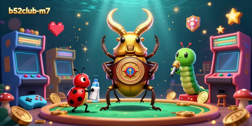 Engage with b52club-m7 in a vibrant casino showdown featuring a giant stag beetle champion and colorful arcade elements.