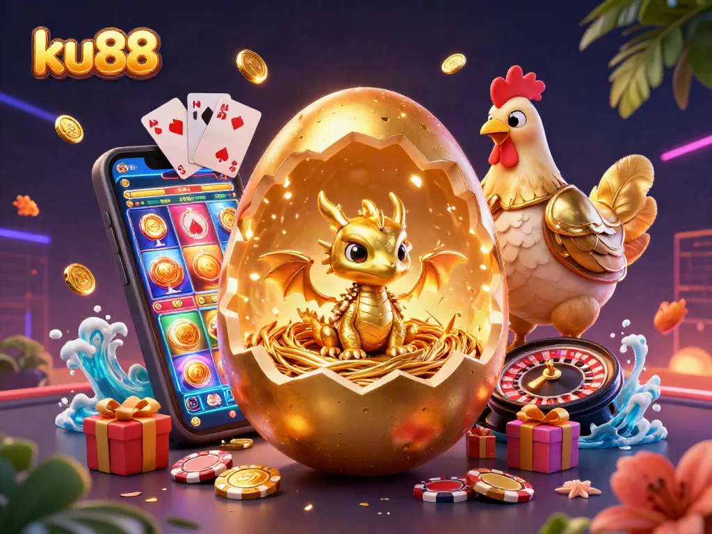 Engage in the exhilarating world of ku88 with a golden dragon and poker chips amidst vibrant gaming elements.