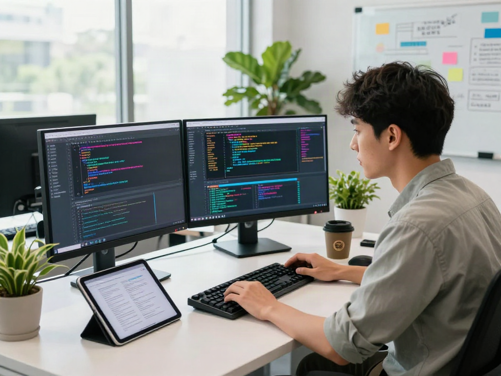 Développeur utilisant Atlas pro ontv dans un bureau moderne, avec un écran affichant des designs de code et une ambiance lumineuse.