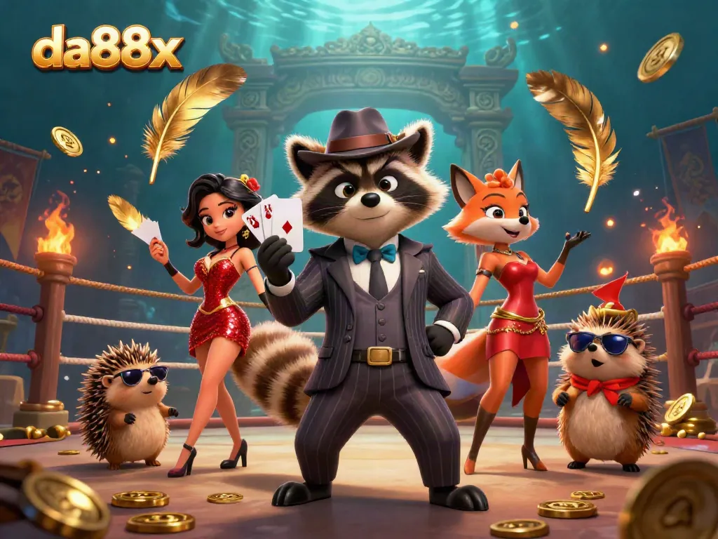 Experience thrilling moments with da88x in vibrant casino action featuring a raccoon, fox, and hedgehog.
