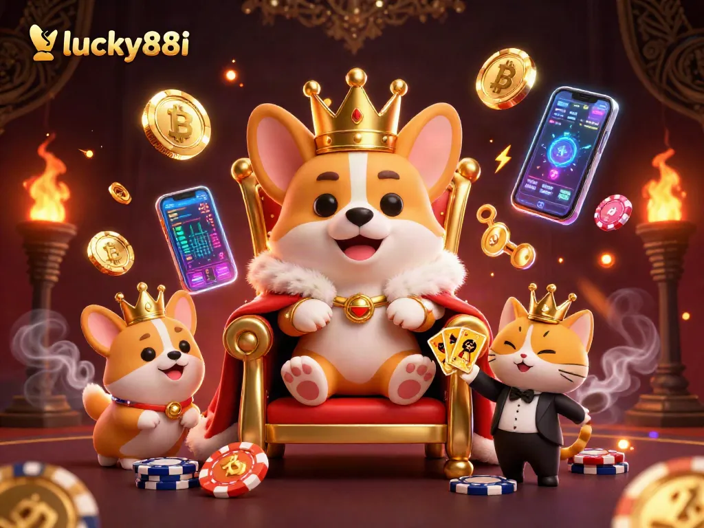 Play exciting games at lucky88i featuring royal corgi and poker themes in a vibrant 3D illustration.