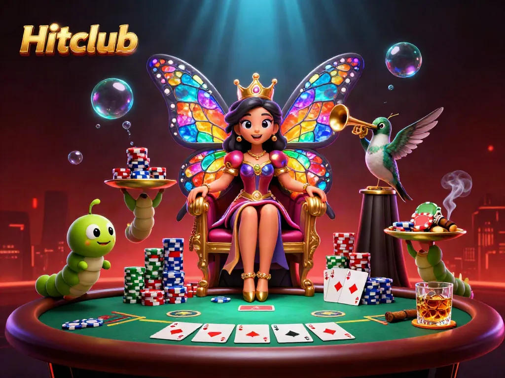 Experience the excitement of Hitclub with a butterfly queen and vibrant poker elements in this dynamic 3D rendering.