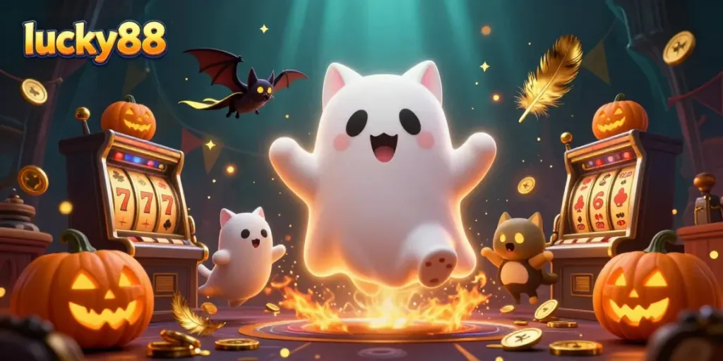 Experience the excitement with lucky88 in this vibrant haunted casino scene featuring a ghost cat and a bat.