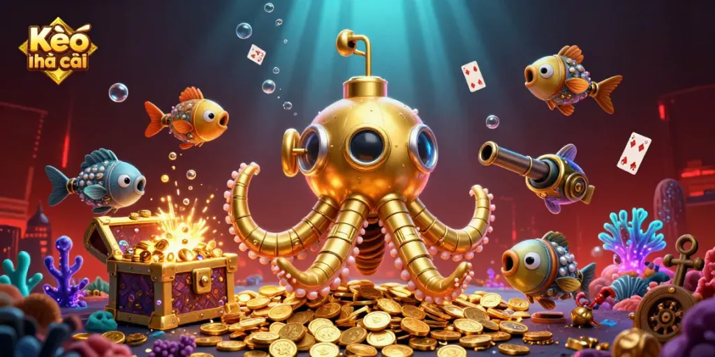 Engage with Kèo nhà cái at this vibrant 3D underwater scene showcasing a dynamic kraken submarine amidst treasure and interactive game elements.