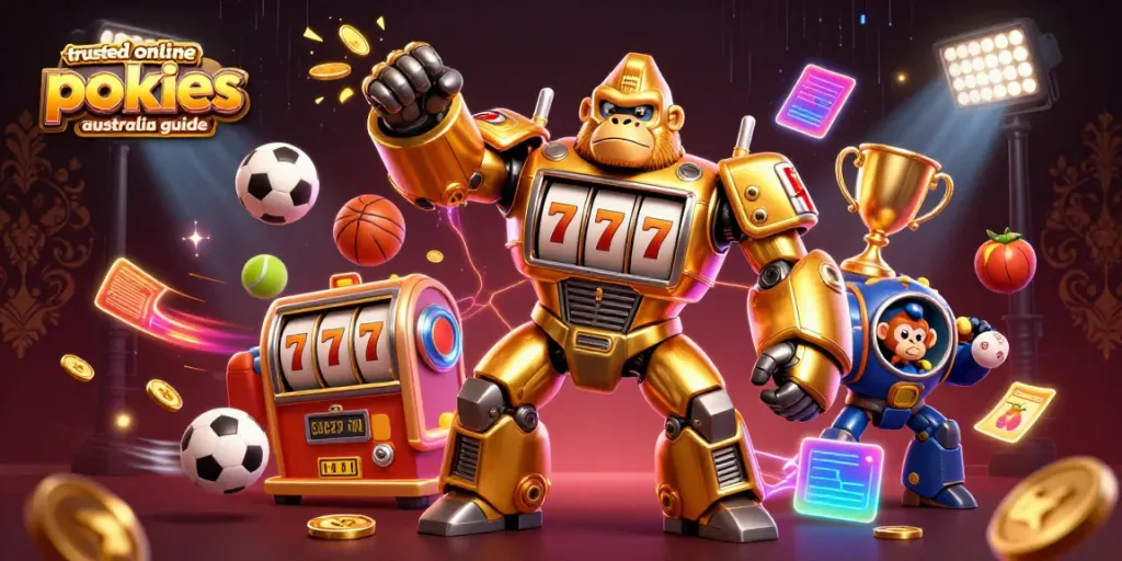 Engage with the trusted online pokies Australia guide in this dynamic 3D illustration featuring a golden gorilla mech and exciting gaming elements.