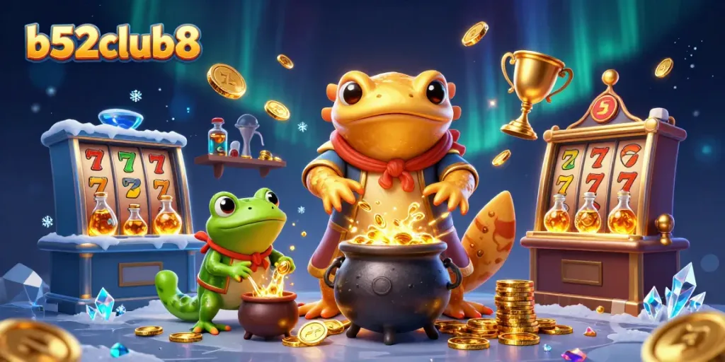 Experience thrilling wins at b52club8 with dynamic gaming elements and golden rewards in a vibrant casino illustration.