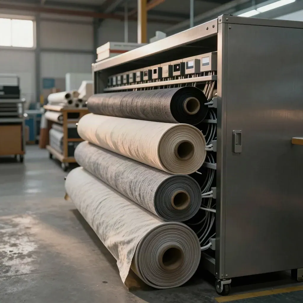 Studio textile vide avec baie réseau sécurisée et rouleaux de tissu en enfilade
