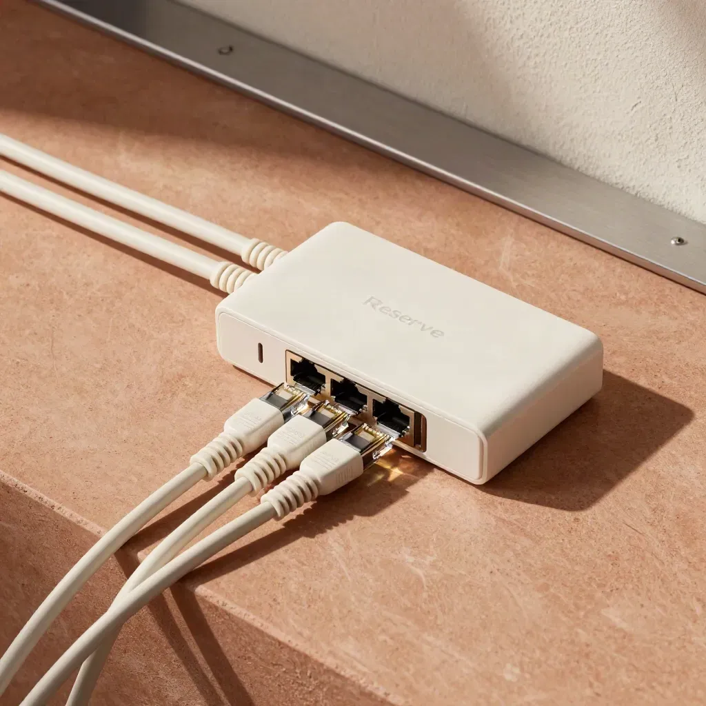 Kit de débit optimisé avec câbles réseau, modem de secours et bouclettes ordonnées.