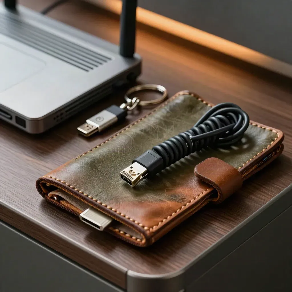 Kit d’accès distant dans une pochette en cuir, routeur, token et câble Ethernet près d’un dock.