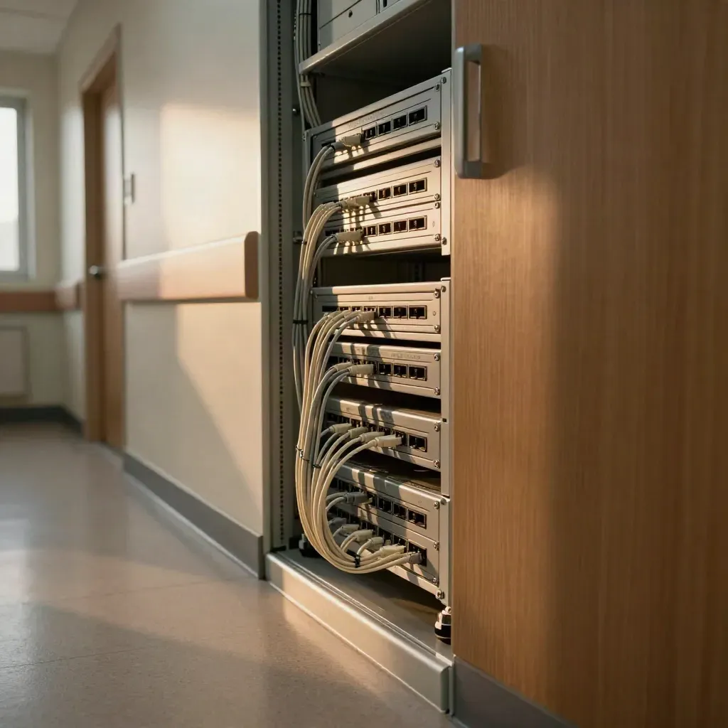 Couloir d’hôpital menant à une baie réseau éclairée, câbles propres et voyants doux.
