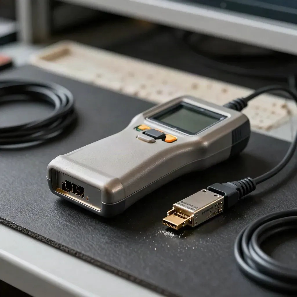 Testeur de câble, module SFP et capuchon loopback sur tapis antistatique sombre.