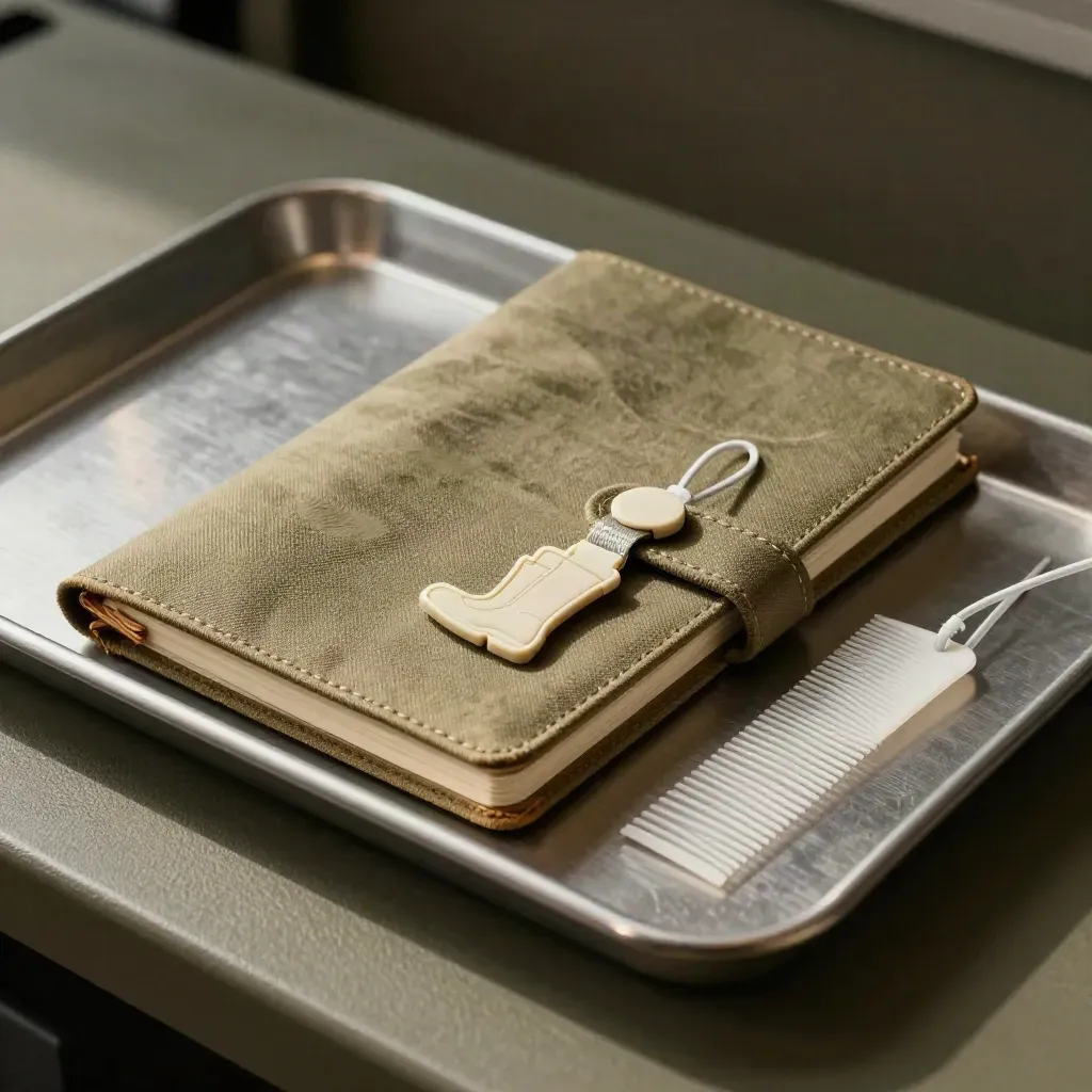 Vue zénithale d’un carnet fermé, d’un token matériel, d’un câble réseau et d’un peigne à câbles sur un plateau.