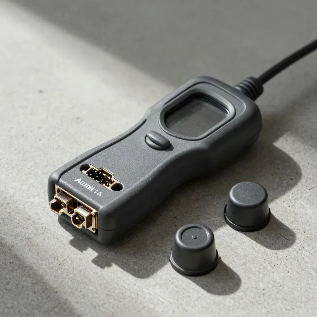 Testeur de câble, deux transceivers SFP et un bouchon loopback sur dalle grise.
