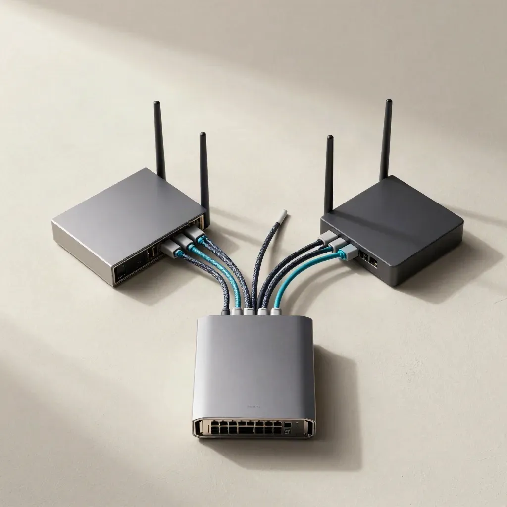 Route SD-WAN avec pare-feu, routeurs et boucles de câbles sur fond clair.