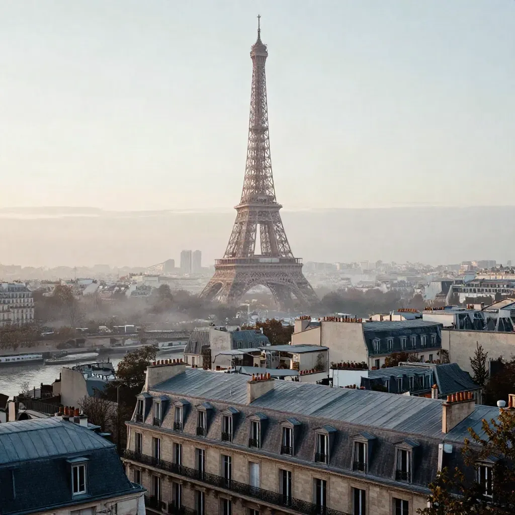 La tour Eiffel au lever du jour au-dessus des toits haussmanniens dans une brume légère.