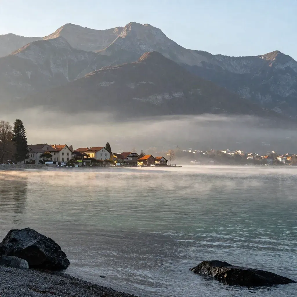 Annecy au lever du jour, lac calme, brume légère et montagnes alpines