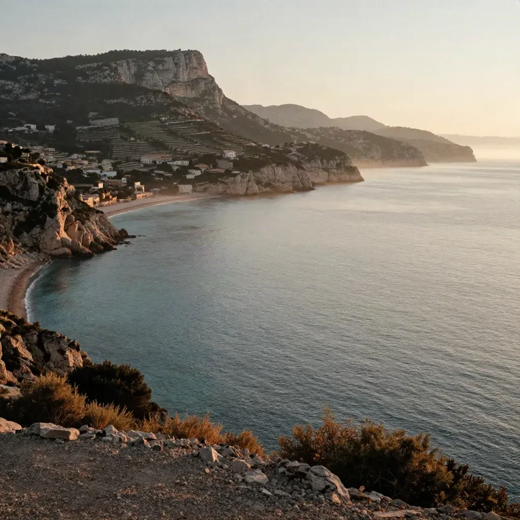 Vue aérienne de Nice au crépuscule, baie lumineuse, collines pâles et mer calme.