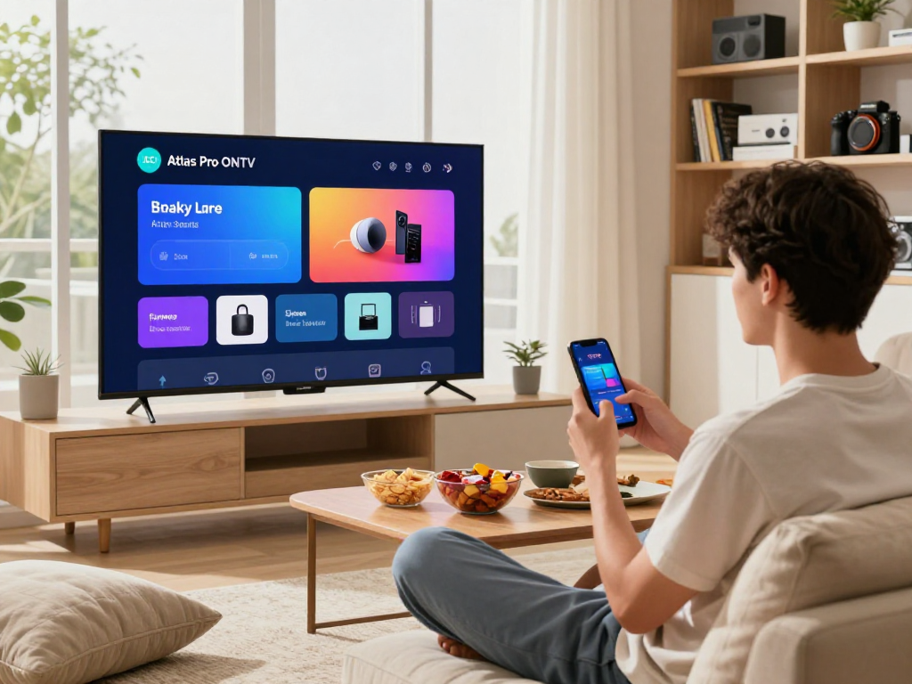 Profitez d'Atlas Pro ONTV sur votre Smart TV dans un salon moderne.