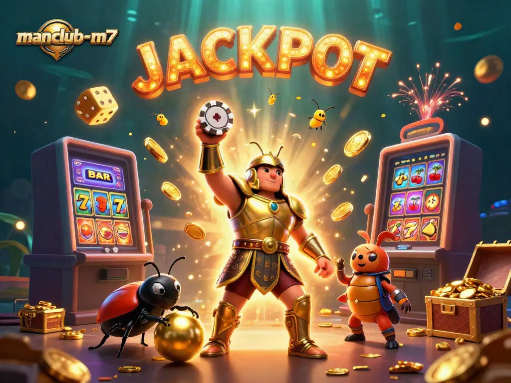 Experience the excitement of manclub-m7 with a victorious beetle hero surrounded by casino elements.
