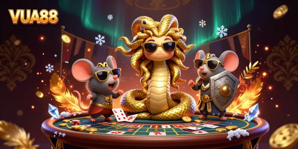 Experience thrilling casino action with VUA88, featuring engaging characters and a live casino setting.