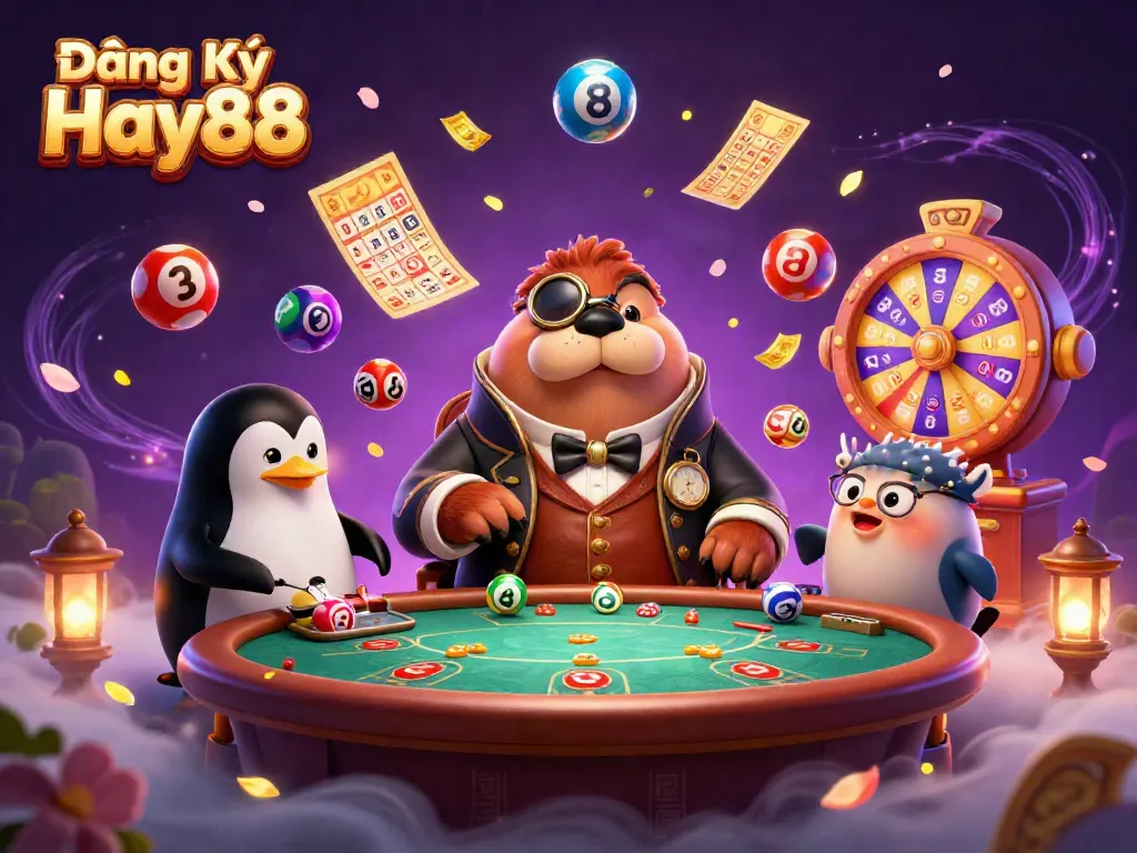 Engage in exciting games at Đăng Ký Hay88 with vibrant characters, dazzling lottery balls, and thrilling prize elements.
