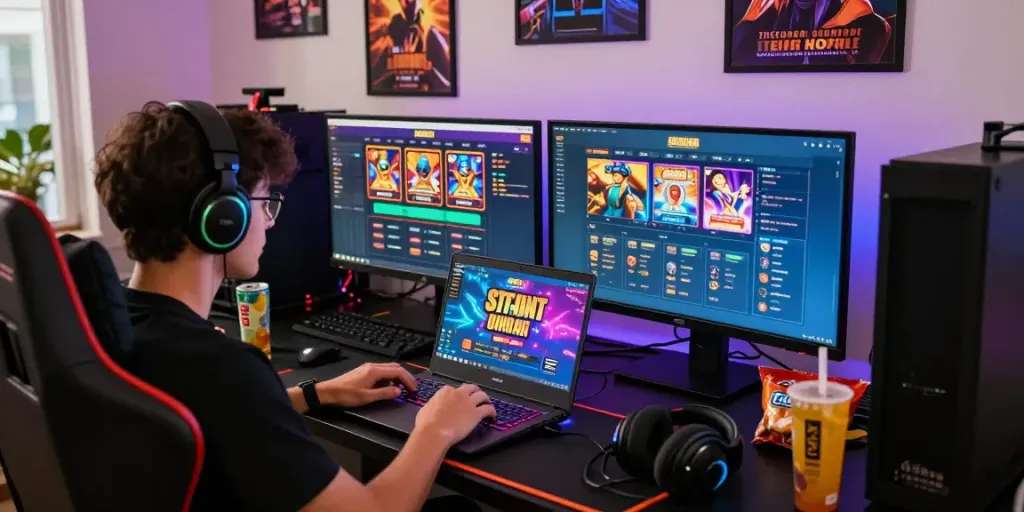 Penggemar bermain situs slot online dengan laptop dan monitor menampilkan berbagai pilihan permainan.