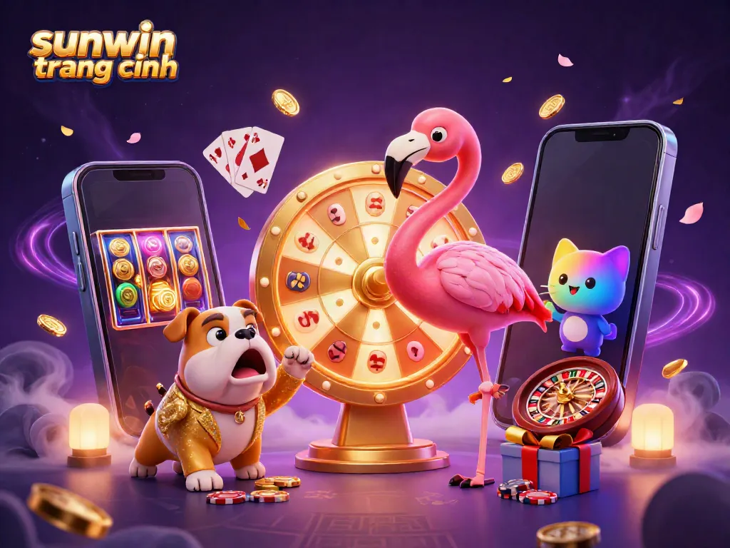 Experience the excitement of sunwin trang chính as a flamingo host spins a prize wheel with a cheering bulldog.