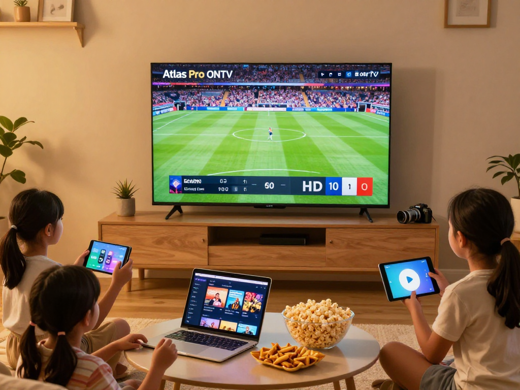 Famille profitant d'Atlas pro sur téléviseur intelligent dans un salon accueillant.